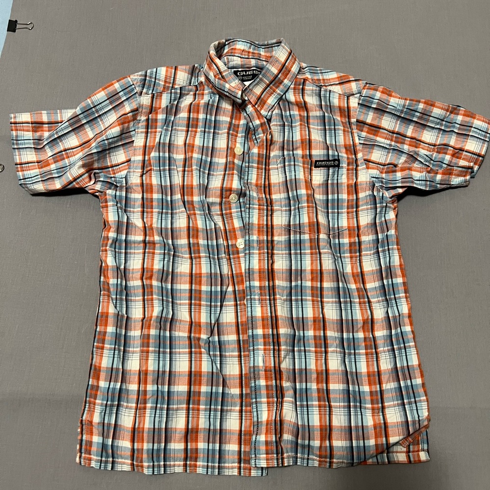 Guess‎ Boys Shirt Sz M (5/6)Plaid Short Sleeve Front Button blue and orange